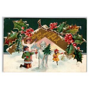 Vintage Embossed Christmas Postcard Children Snowman Holly Berries
